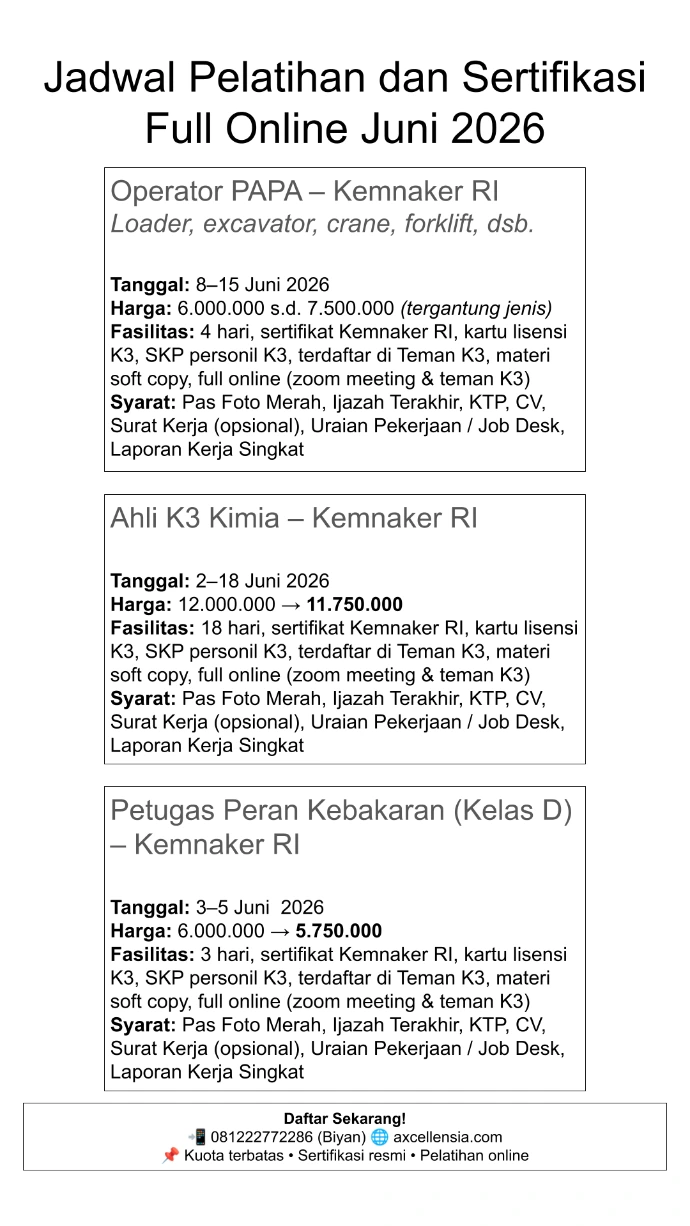 Jadwal pelatihan dan sertifikasi BNSP RI full online Juni 2026